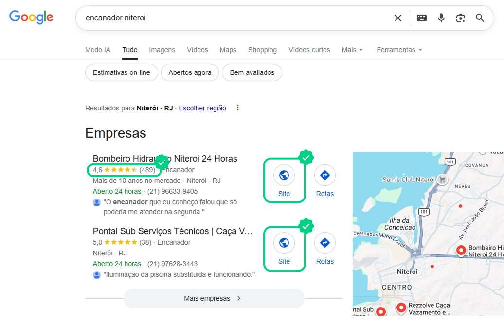 Resultado do Google para encanador niterói
